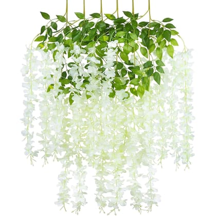 Tdas Artificial Flower Wisteria Hanging Vine for Home Decoration Plants Plastic Flowers Decor Items Decorative Bunch Creepers Garlands Leaves Wedding Room, 110 CM (White, 6 Pieces)