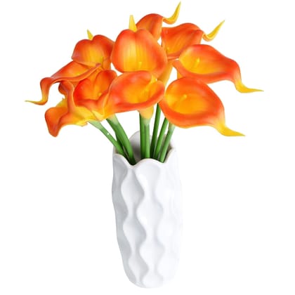 Tdas Artificial Lily Flowers Plants Home Decor Items Flower Plant for vase Living Room Hall Bedroom Decorative Decoration - 34 CM Long (Pot Not Included) (Orange, 10 Pcs)