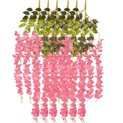 Tdas Artificial Flower Wisteria Hanging Vine for Home Decoration Plants Plastic Flowers Decor Items Decorative Bunch Creepers Garlands Leaves Wedding Room, 110 CM (Dark Pink, 6)