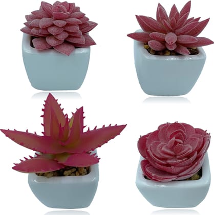 Tdas Artificial Succulent Plants Flowers Home Decor Items Plant Leaves for Living Room Hall Decorative Decoration Office in Ceramic Pot (Pink, 4-Pieces Set)