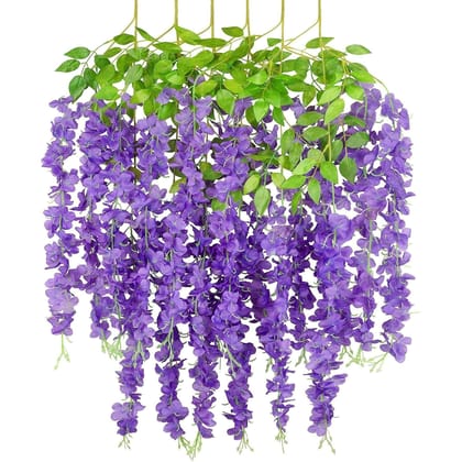 Tdas Artificial Flower Wisteria Hanging Vine for Home Decoration Plants Plastic Flowers Decor Items Decorative Bunch Creepers Garlands Leaves Wedding Room, 110 CM (Purple, 6)
