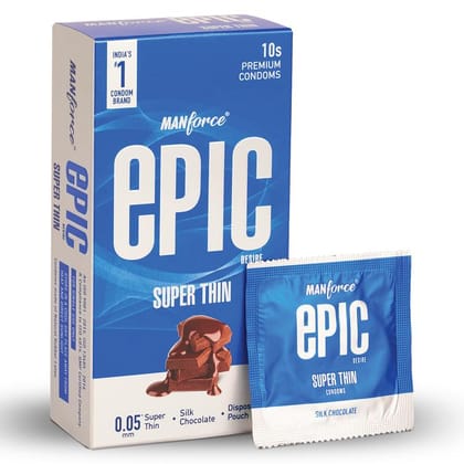 Manforce Epic Desire Super Thin Premium Condom for Men, Silk Chocolate Flavour, Disposable Pouch (10 Counts)