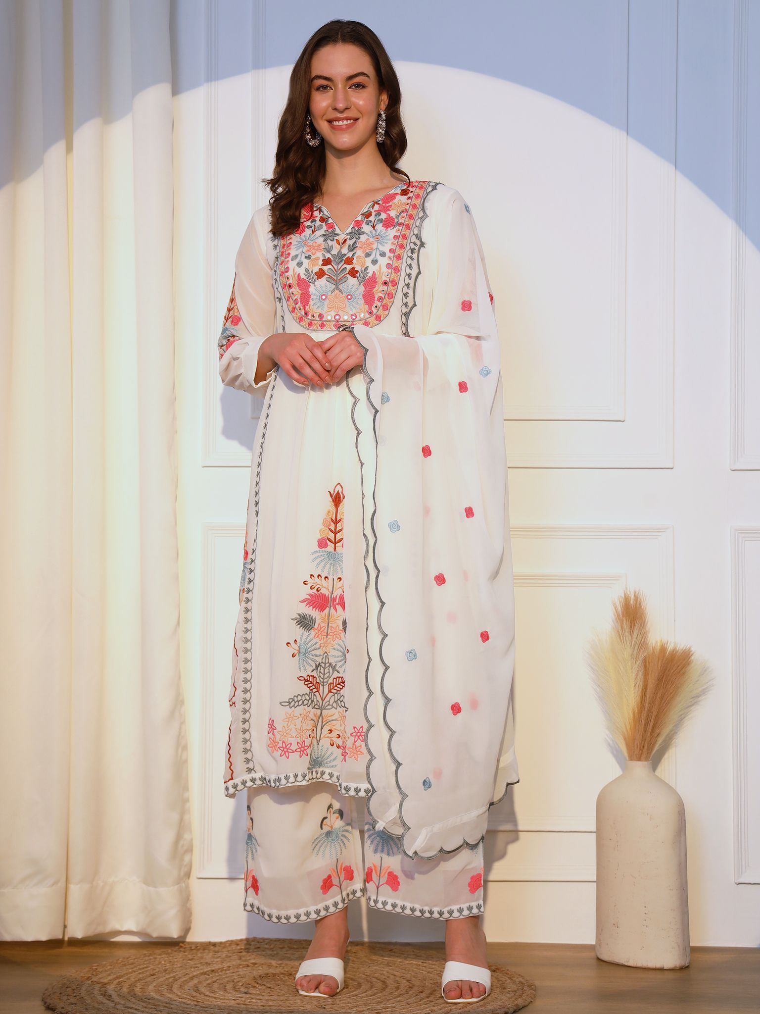 ASPORA Heavy Floral Embroidered Mirror Work Kurta With Palazzos & Dupatta