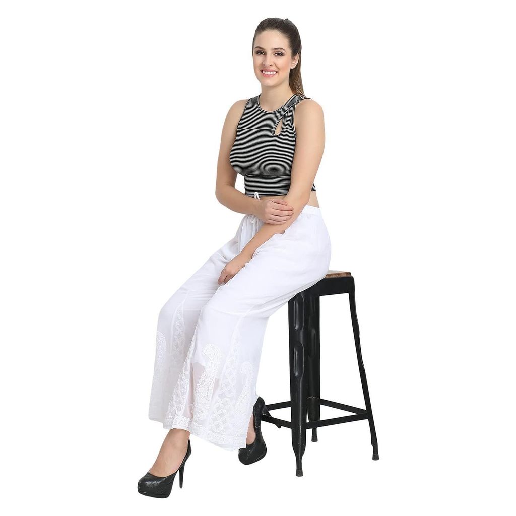 Boldwink Jara Collection Women's Lucknow Chicken Art Work Embroidered Georgette Chikan Pant Loose