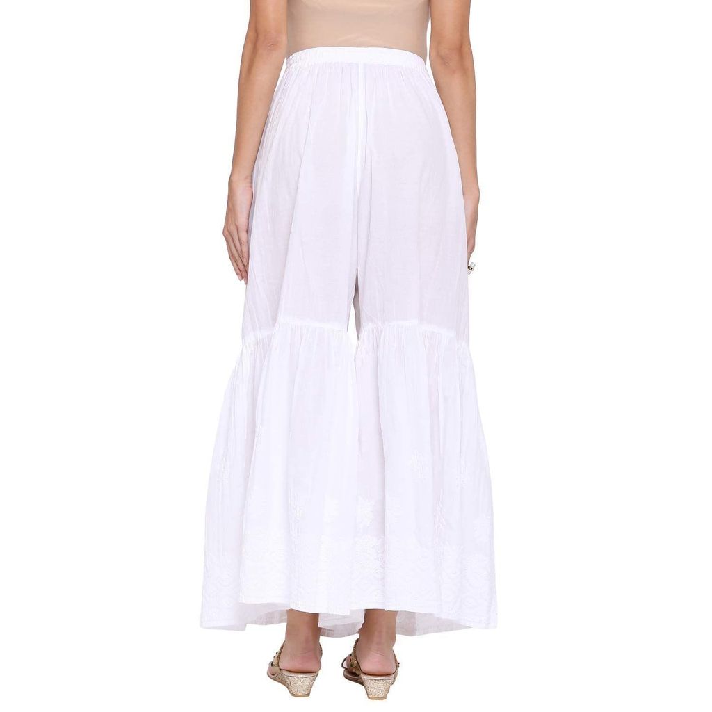 Boldwink Jara Collection Women's Lucknow Chicken Art Work Embroidred Cotton Chikan Sharara (Plazo, White) (White Gharara, Cotton) Loose