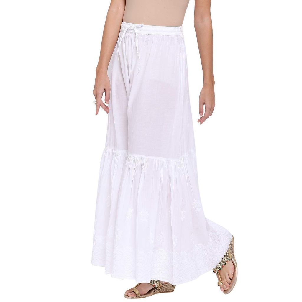 Boldwink Jara Collection Women's Lucknow Chicken Art Work Embroidred Cotton Chikan Sharara (Plazo, White) (White Gharara, Cotton) Loose