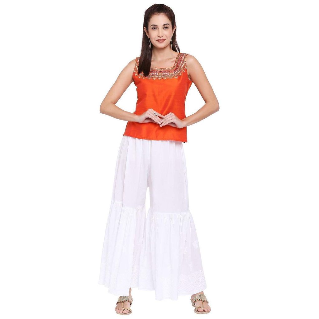 Boldwink Jara Collection Women's Lucknow Chicken Art Work Embroidred Cotton Chikan Sharara (Plazo, White) (White Gharara, Cotton) Loose