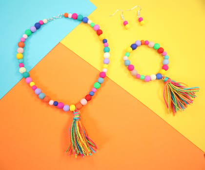 Kamule Set Of 3 Matte Multi Beads With Tassel Necklace with Bracelet And Earing   - Multicolour