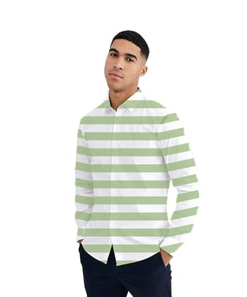 Mens Green Striped Regular Fit Cotton Full Sleeves Shirt