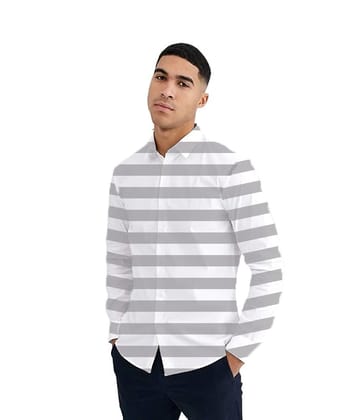 Mens Grey Striped Regular Fit Cotton Full Sleeves Shirt