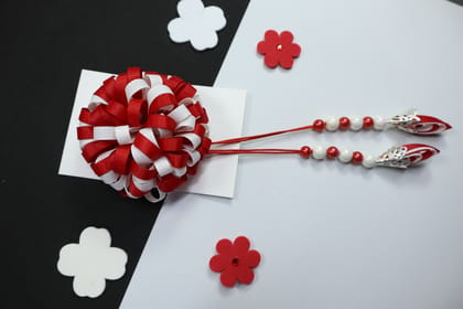 Kamule Bun Bow Flora Beads Hairclip Pack of 1 - Red-White