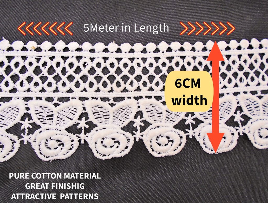 5M Pure Cotton White GPO Lace Border Material |Great Finishing - Perfect for Saree, Dupatta, Bridal, Sewing, Crafting, Dressmaking, Home Decor, DIY Projects- 6cm Width Rose Leaf bundi Pattern