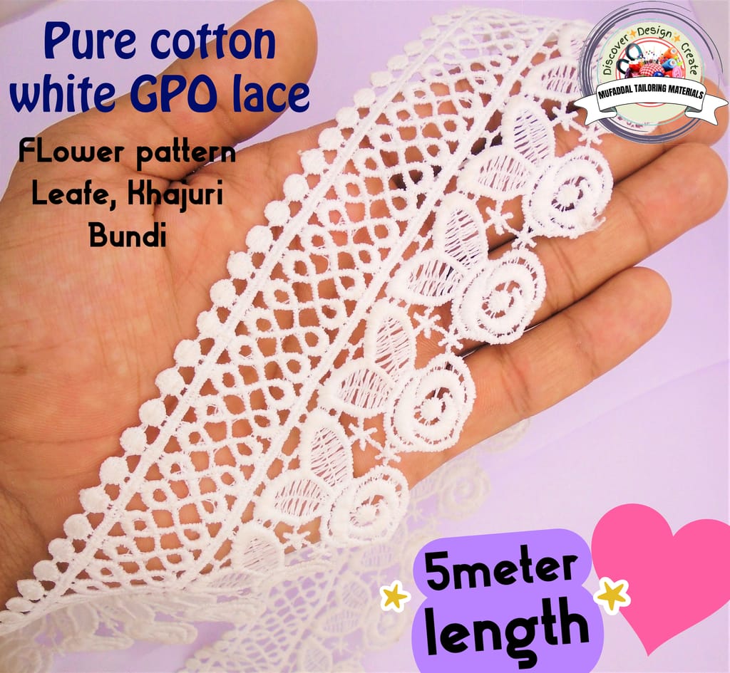 5M Pure Cotton White GPO Lace Border Material |Great Finishing - Perfect for Saree, Dupatta, Bridal, Sewing, Crafting, Dressmaking, Home Decor, DIY Projects- 6cm Width Rose Leaf bundi Pattern