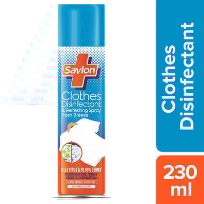 Savlon Clothes Disinfectant and Refreshing Spray 230 ml,Fresh Breeze Fragrance,Safe on Clothes,Just Spray and Let Dry, No Water Needed, Kills Virus and 99.99% germs including odour causing bacteria