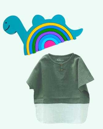 Easy Going Colorblocked Shirt + Dino Themed Rainbow Stacker