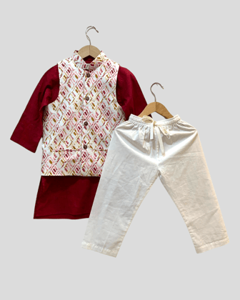 Printed Jacket, Maroon Kurta with White Pyjama (3 Pcs Set)