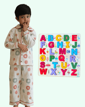 Blooming Kids Cotton Nightwear + Capital Alphabet Wooden Board