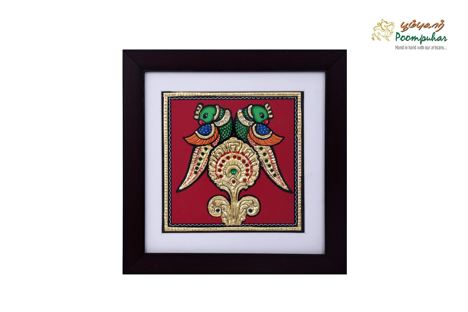 Poompuhar Peacock Tanjore Painting (Gold Foil Work, 10X10 inch), Multicolour )