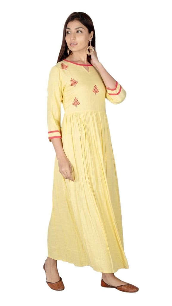 JAIPURETHNICWEAVES Women's Rayon Slub Embroidered Anarkali Kurta (Yellow)