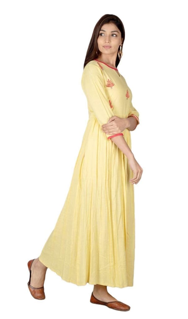 JAIPURETHNICWEAVES Women's Rayon Slub Embroidered Anarkali Kurta (Yellow)