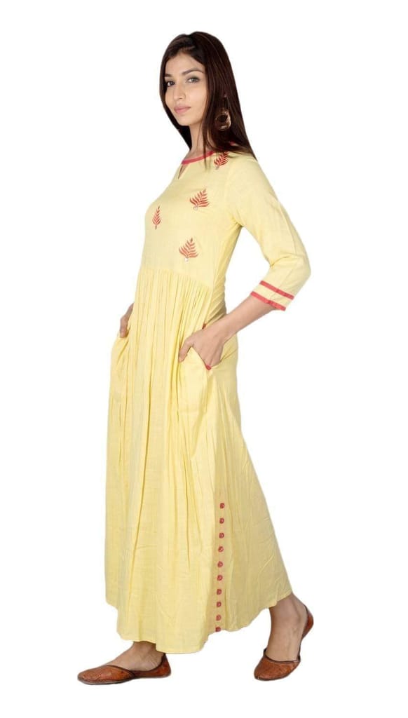 JAIPURETHNICWEAVES Women's Rayon Slub Embroidered Anarkali Kurta (Yellow)