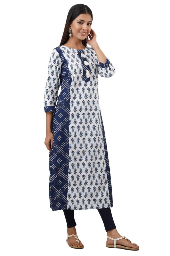 JAIPURETHNICWEAVES Women's Cotton Booti Bandhej Print Straight Kurta (Blue & White)