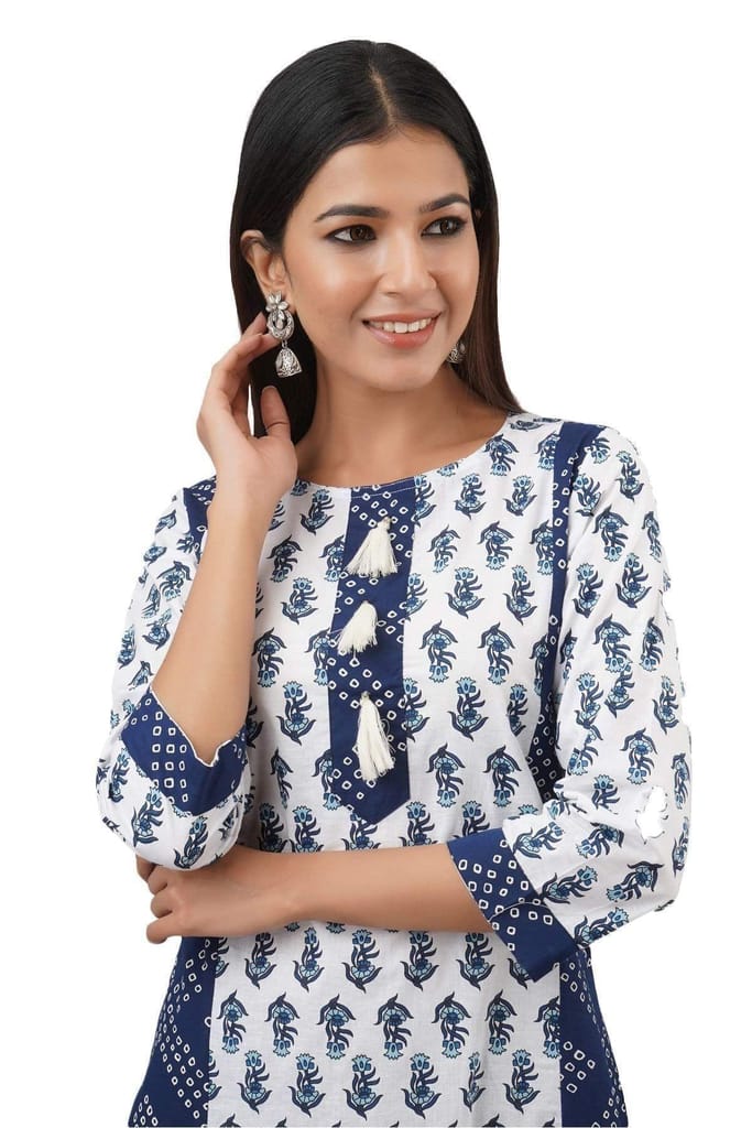 JAIPURETHNICWEAVES Women's Cotton Booti Bandhej Print Straight Kurta (Blue & White)