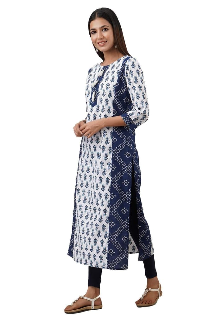 JAIPURETHNICWEAVES Women's Cotton Booti Bandhej Print Straight Kurta (Blue & White)
