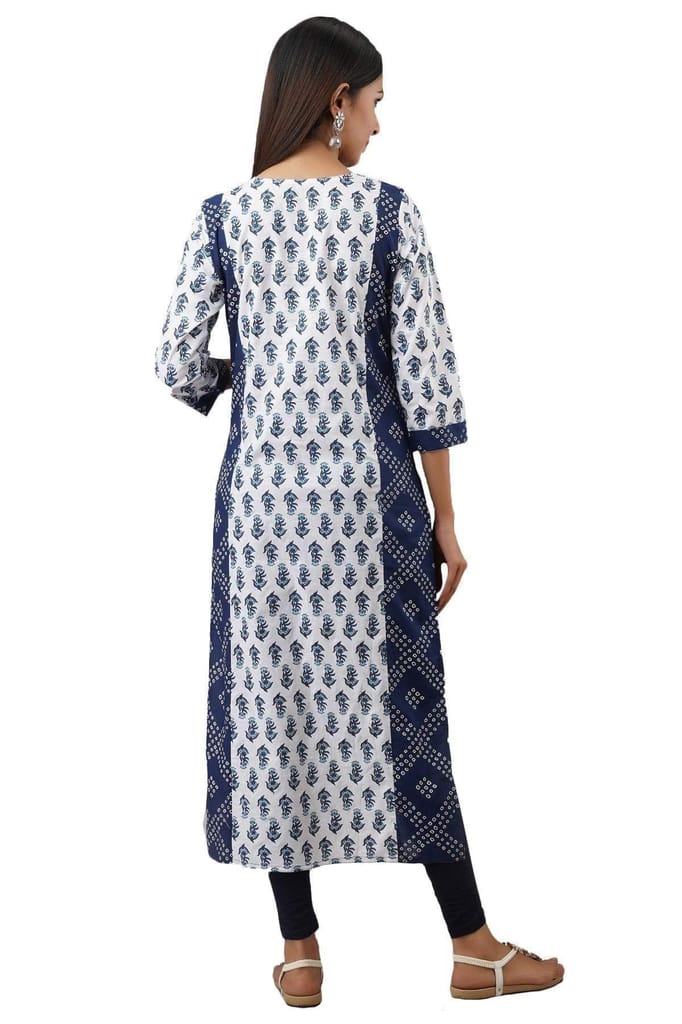 JAIPURETHNICWEAVES Women's Cotton Booti Bandhej Print Straight Kurta (Blue & White)