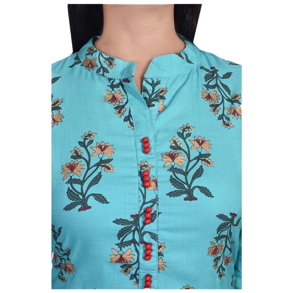 JAIPURETHNICWEAVES Women's Rayon Floral Printed Straight Kurta & Palazzo Set (Turquoise & Red)