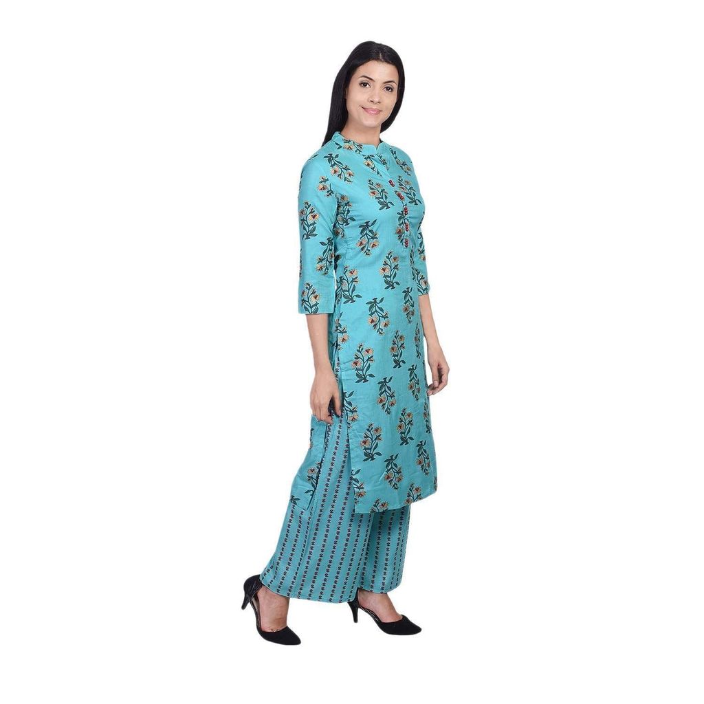 JAIPURETHNICWEAVES Women's Rayon Floral Printed Straight Kurta & Palazzo Set (Turquoise & Red)