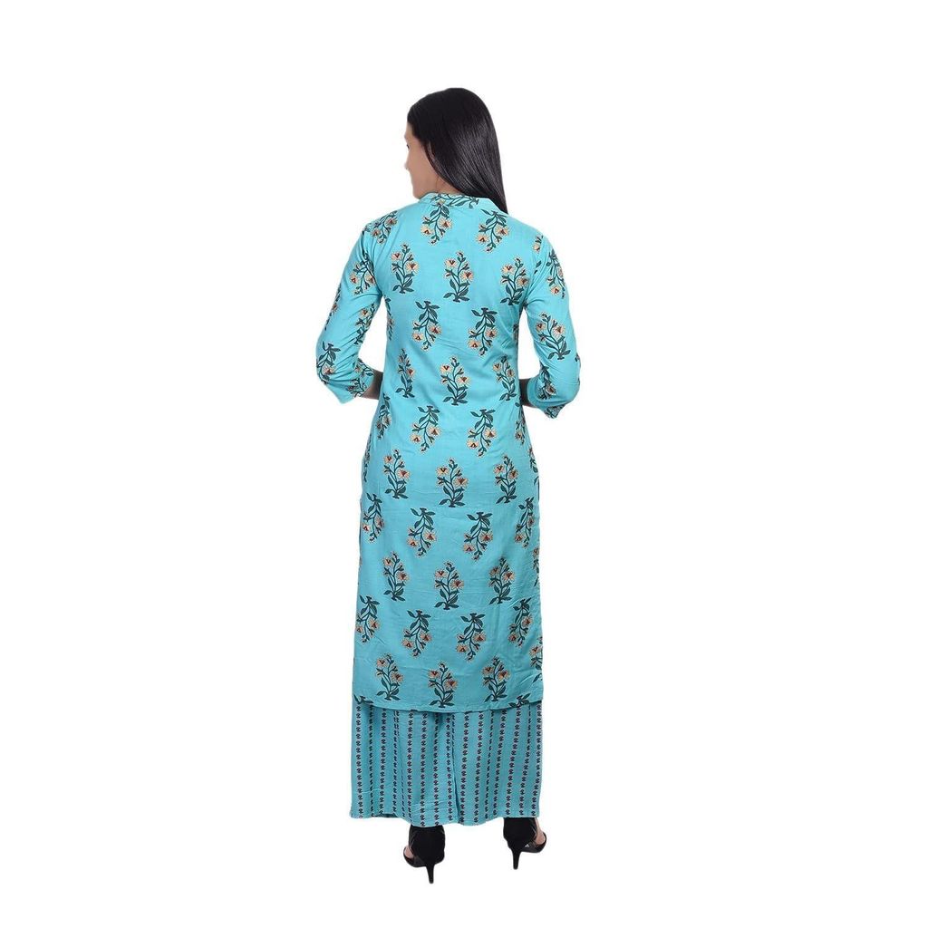 JAIPURETHNICWEAVES Women's Rayon Floral Printed Straight Kurta & Palazzo Set (Turquoise & Red)
