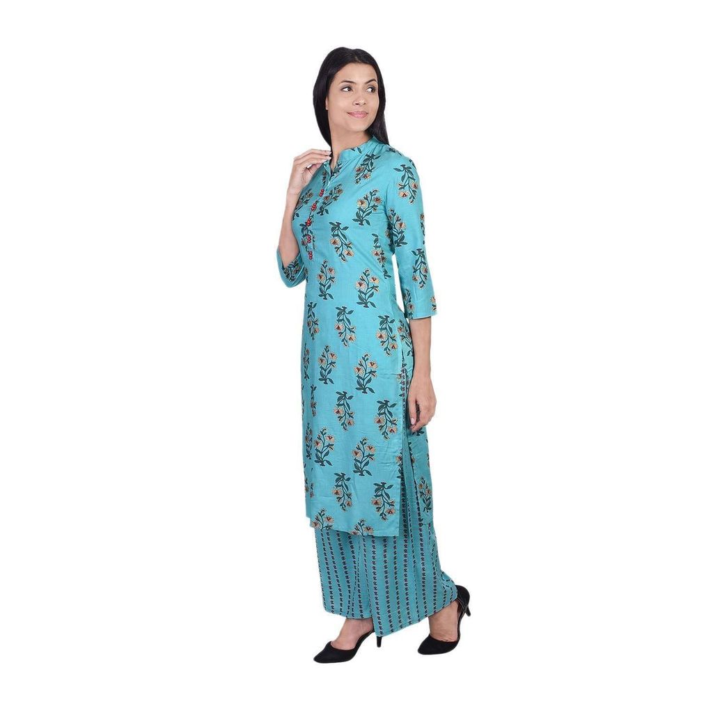 JAIPURETHNICWEAVES Women's Rayon Floral Printed Straight Kurta & Palazzo Set (Turquoise & Red)