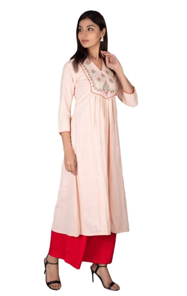 JAIPURETHNICWEAVES Women's Cotton Flax Embroidered A-Line Kurta (Light Pink)