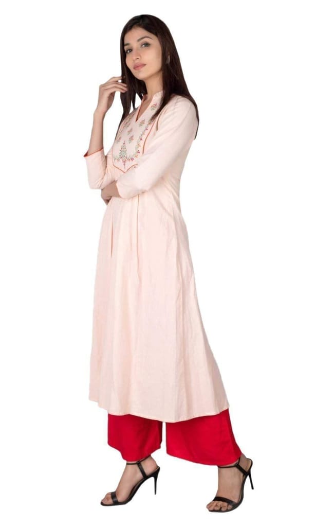 JAIPURETHNICWEAVES Women's Cotton Flax Embroidered A-Line Kurta (Light Pink)