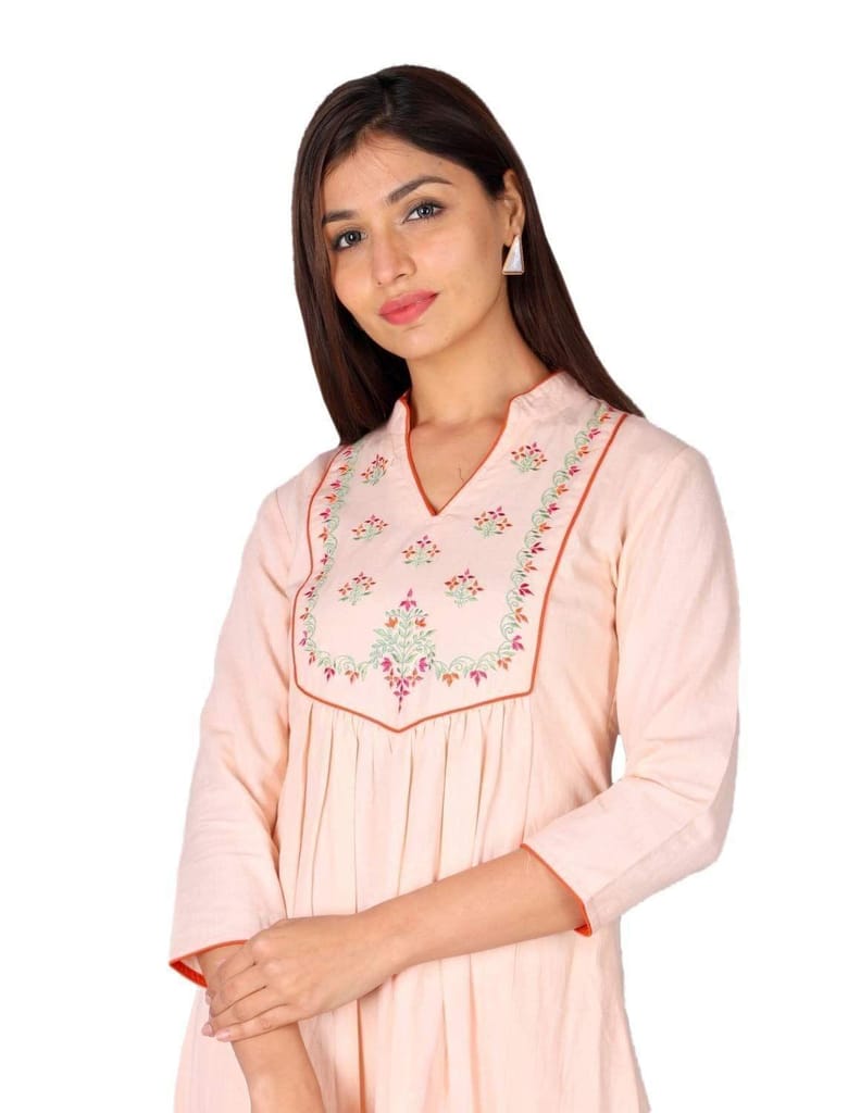 JAIPURETHNICWEAVES Women's Cotton Flax Embroidered A-Line Kurta (Light Pink)