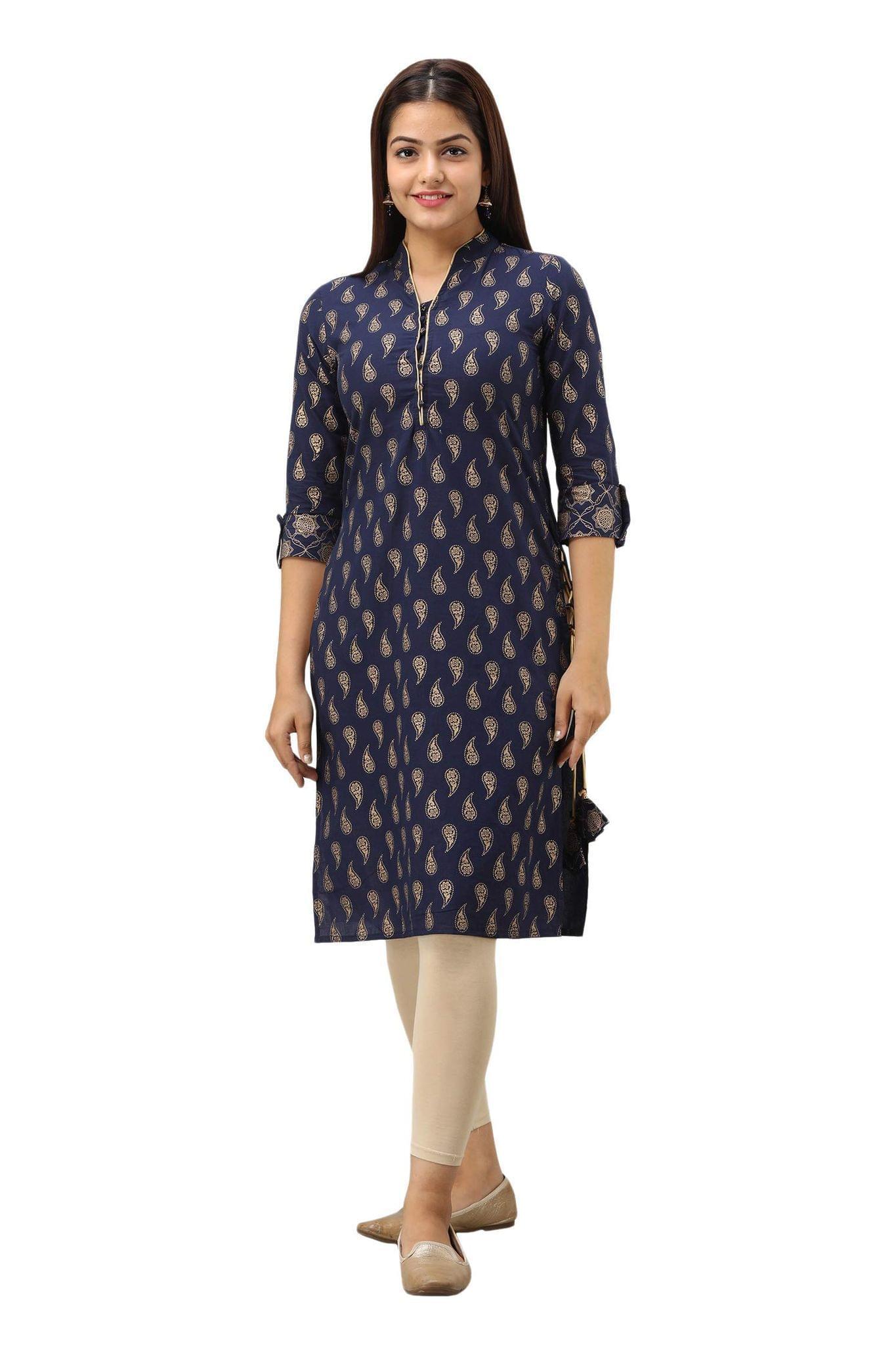 JAIPURETHNICWEAVES Women's Cotton Paisley Printed Straight Kurta