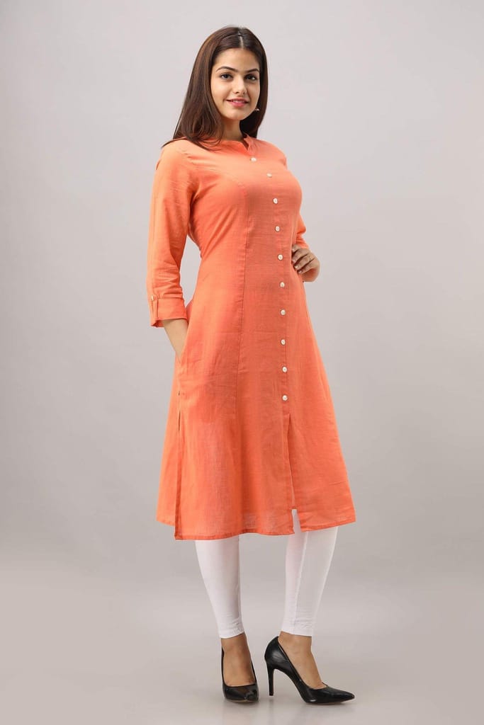 JAIPURETHNICWEAVES Women's Cotton Slub Solid A-Line Kurta (Peach)