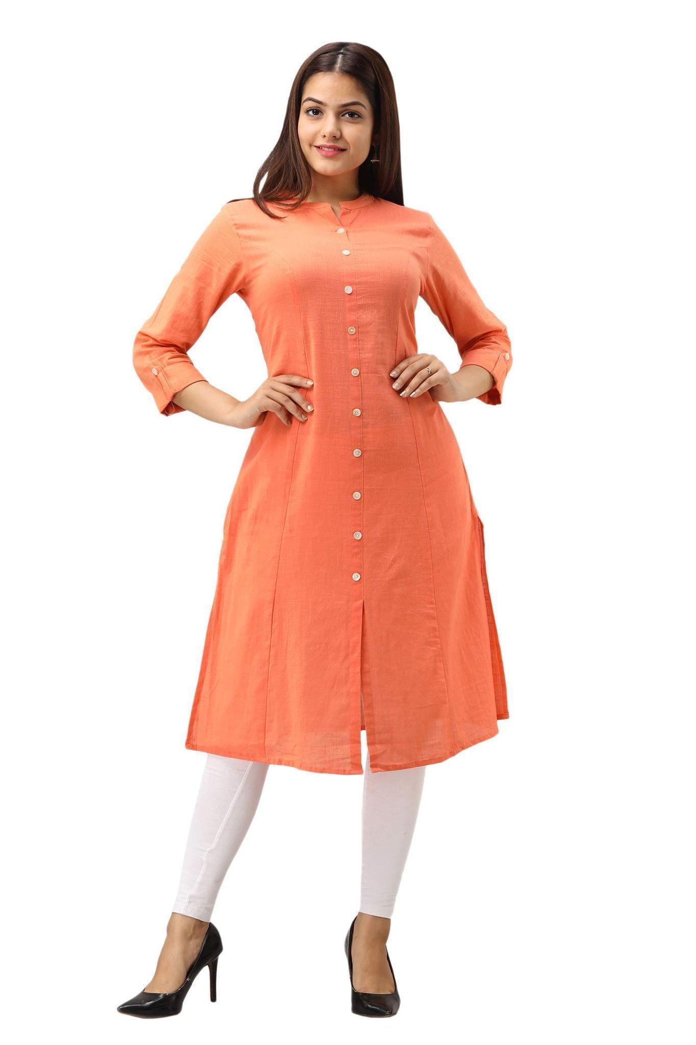 JAIPURETHNICWEAVES Women's Cotton Slub Solid A-Line Kurta (Peach)