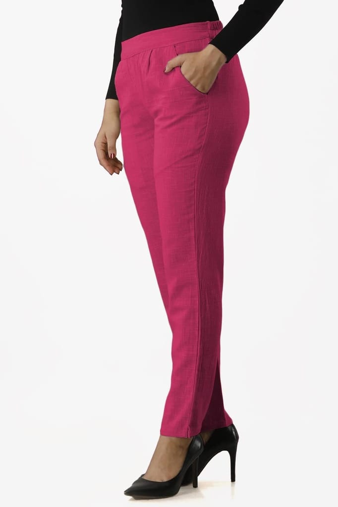 JAIPURETHNICWEAVES Women's Cotton Flax Solid Straight Trouser Pant (Magenta)
