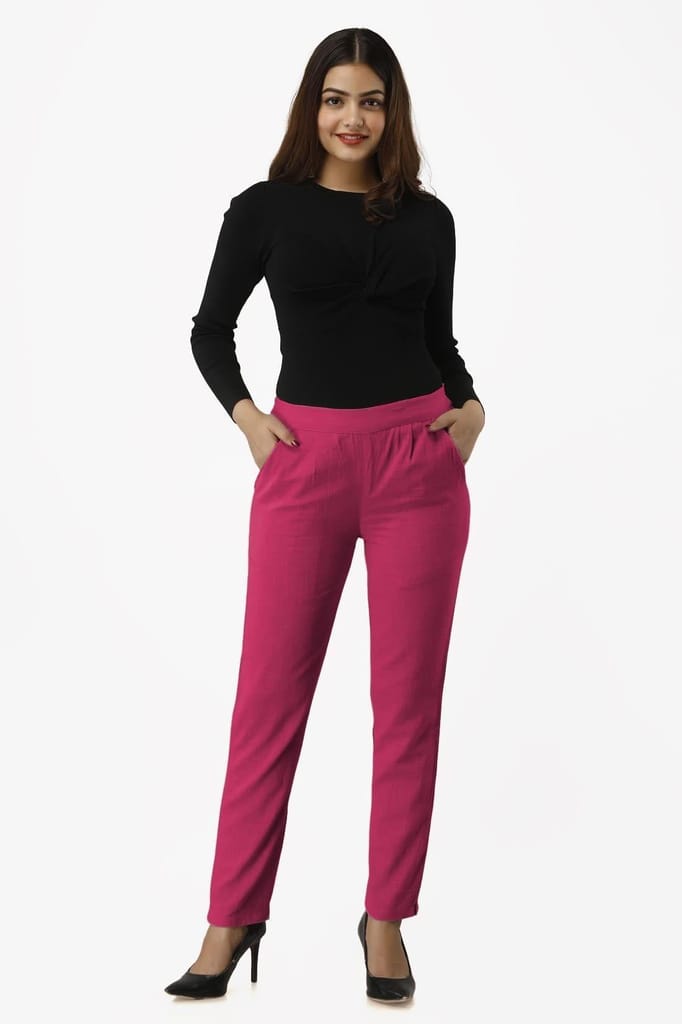 JAIPURETHNICWEAVES Women's Cotton Flax Solid Straight Trouser Pant (Magenta)