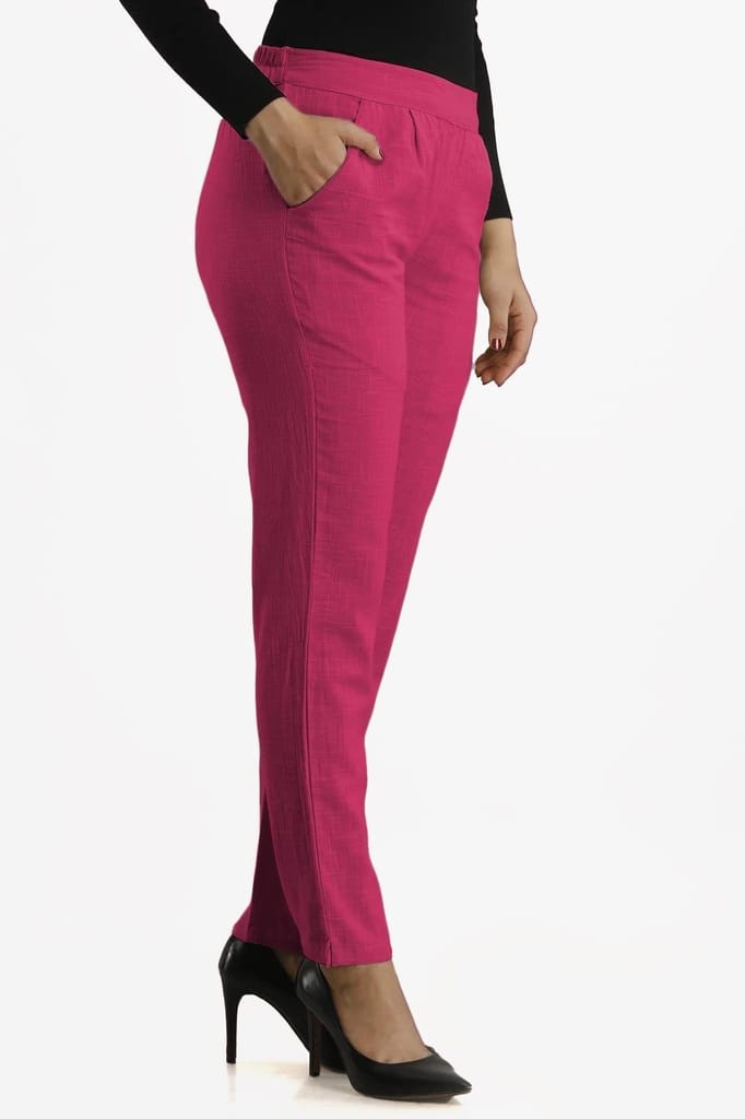 JAIPURETHNICWEAVES Women's Cotton Flax Solid Straight Trouser Pant (Magenta)