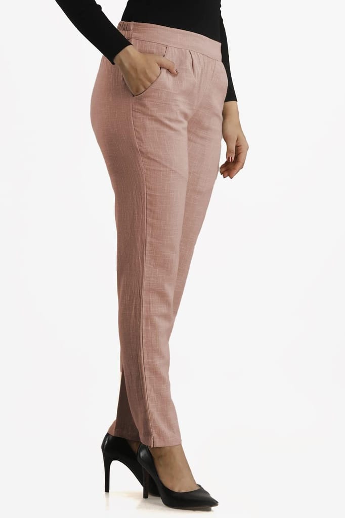 JAIPURETHNICWEAVES Women's Cotton Flax Solid Straight Trouser Pant (Rose)