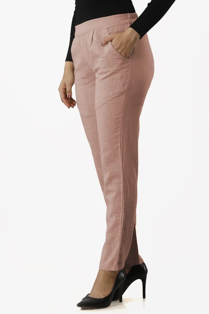 JAIPURETHNICWEAVES Women's Cotton Flax Solid Straight Trouser Pant (Rose)
