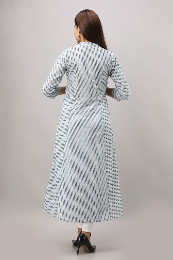 JAIPURETHNICWEAVES Women's Cotton Striped Printed A-Line Kurta (Blue)