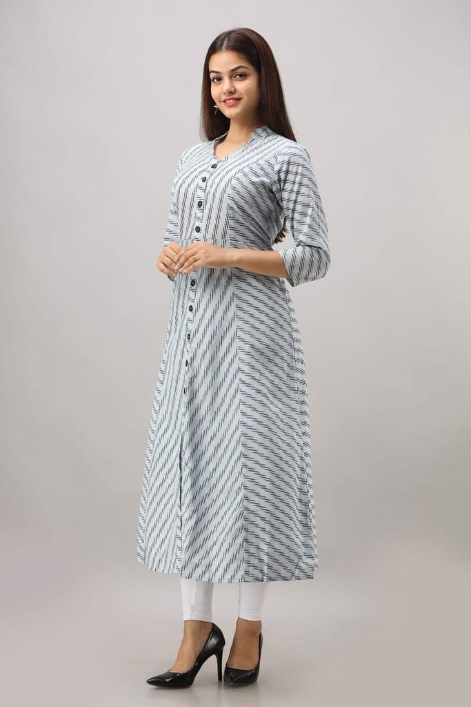 JAIPURETHNICWEAVES Women's Cotton Striped Printed A-Line Kurta (Blue)