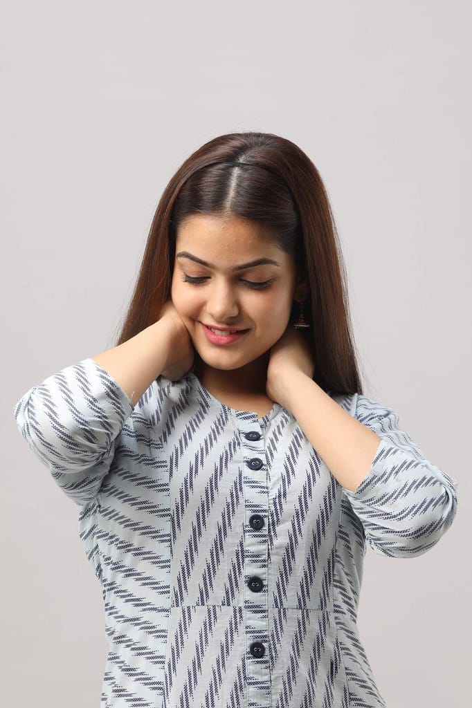 JAIPURETHNICWEAVES Women's Cotton Striped Printed A-Line Kurta (Blue)