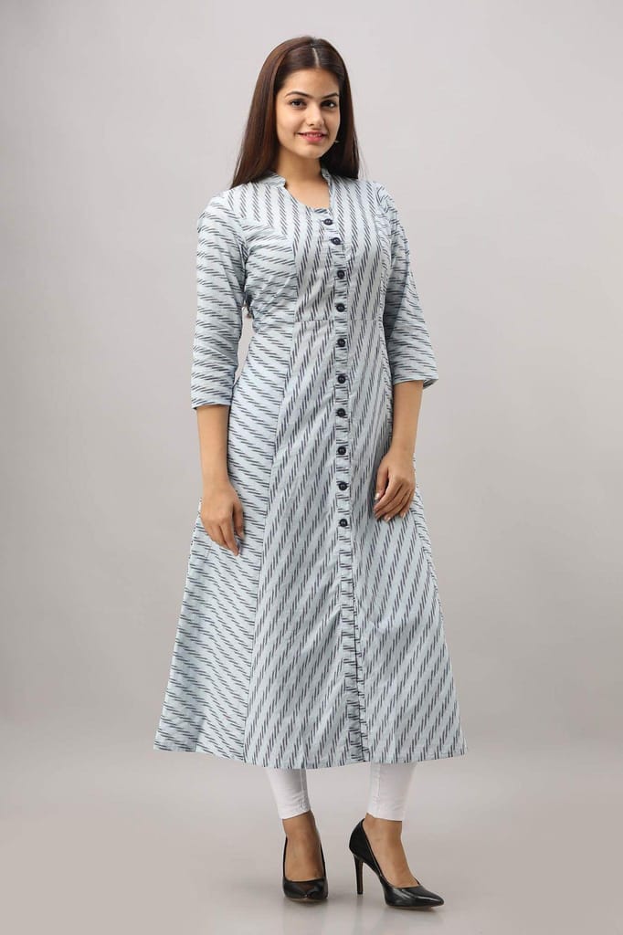 JAIPURETHNICWEAVES Women's Cotton Striped Printed A-Line Kurta (Blue)