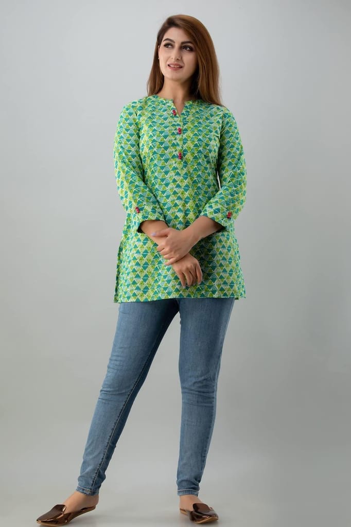 JAIPURETHNICWEAVESWomens Cotton Cambric Block Print Straight Tunic (Green)