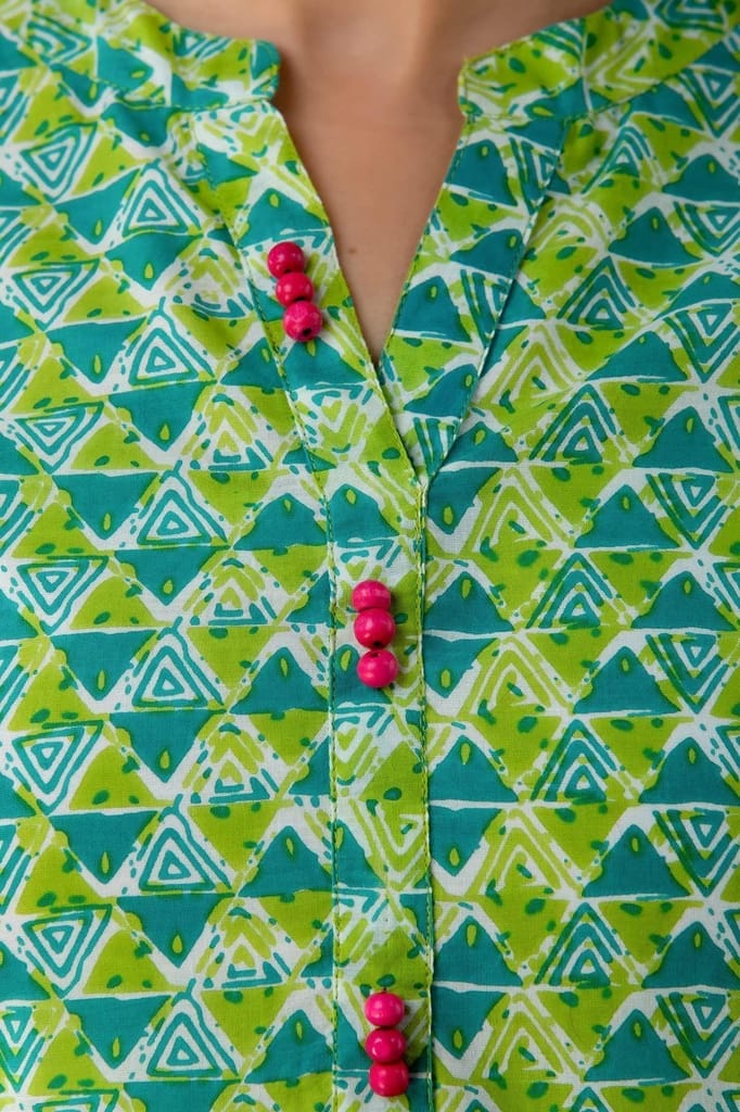 JAIPURETHNICWEAVESWomens Cotton Cambric Block Print Straight Tunic (Green)